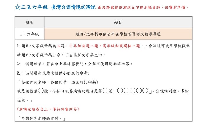 114動態組-3-6年級臺灣台語情境式演說篇目(中年級自選1、高年級2抽1)圖片