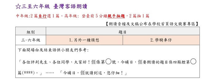 114動態組-3-6年級臺灣客語朗讀篇目及音檔(中年級自選1、高年級2抽1)圖片