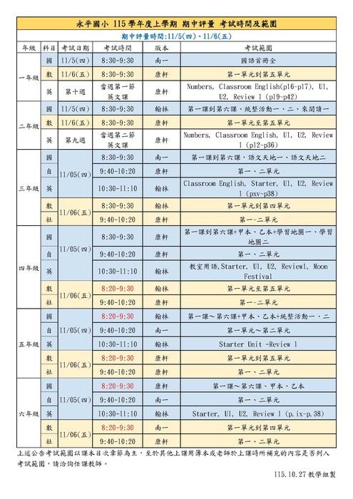 期中考定期評量範圍